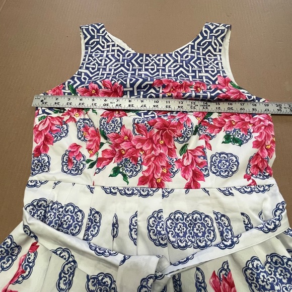 Talbots Women's Size 12P Floral Blue Grecian Tile Boatneck Fit and Flare Dress - Picture 7 of 13